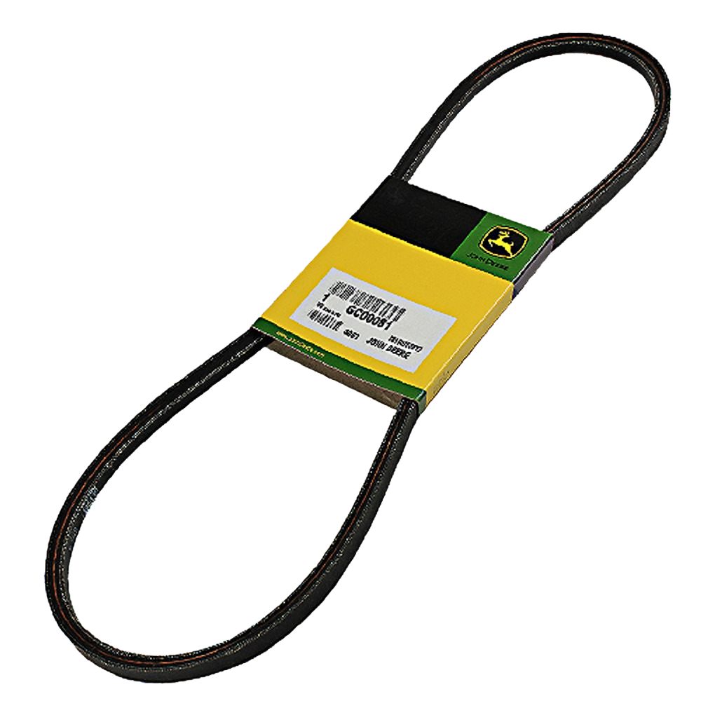 Black rubber drive V-belt with green and yellow John Deere packaging for mower repair in tools and home improvement
