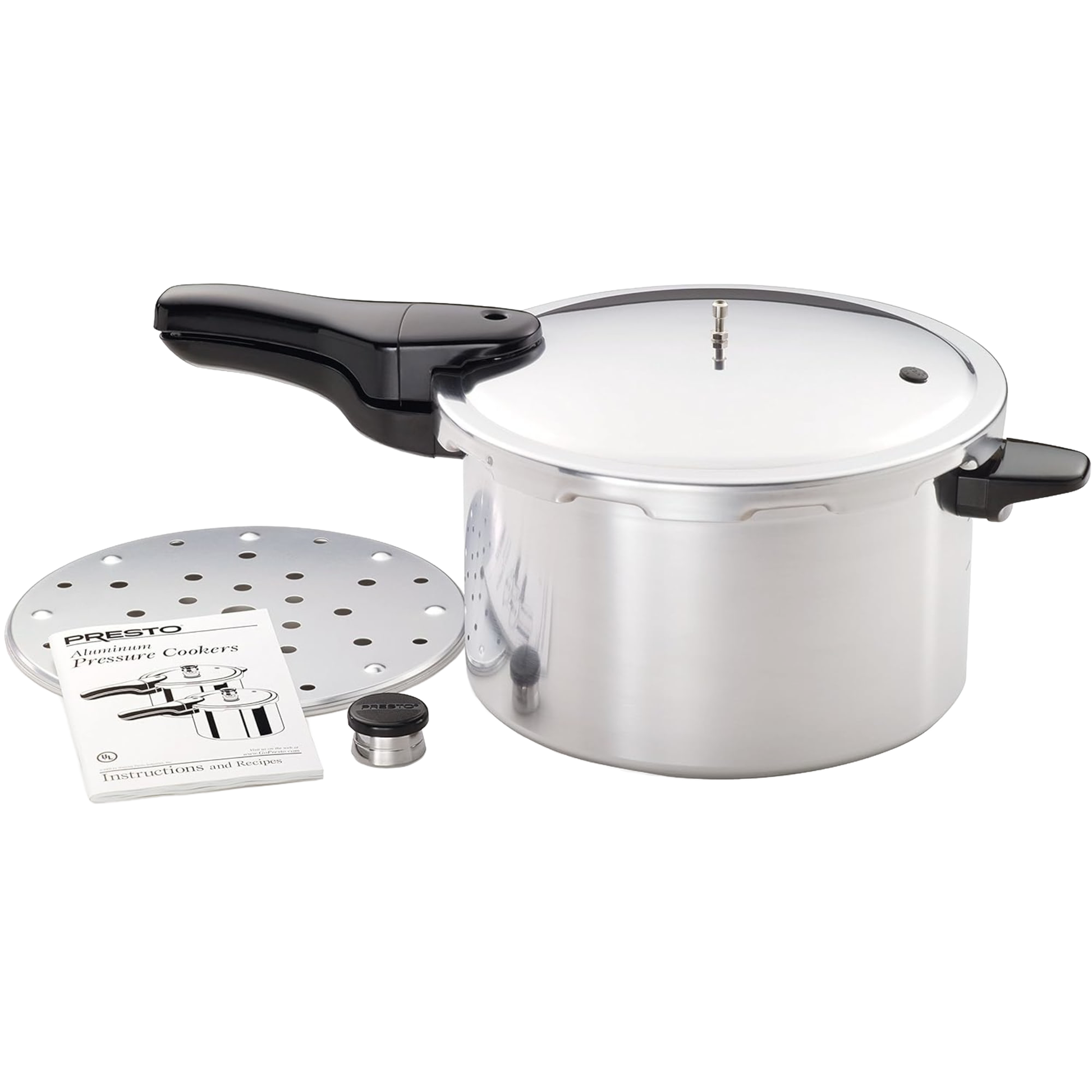 Polished aluminum pressure cooker with black handle, steamer insert, pressure regulator, and instruction manual in kitchenware collection