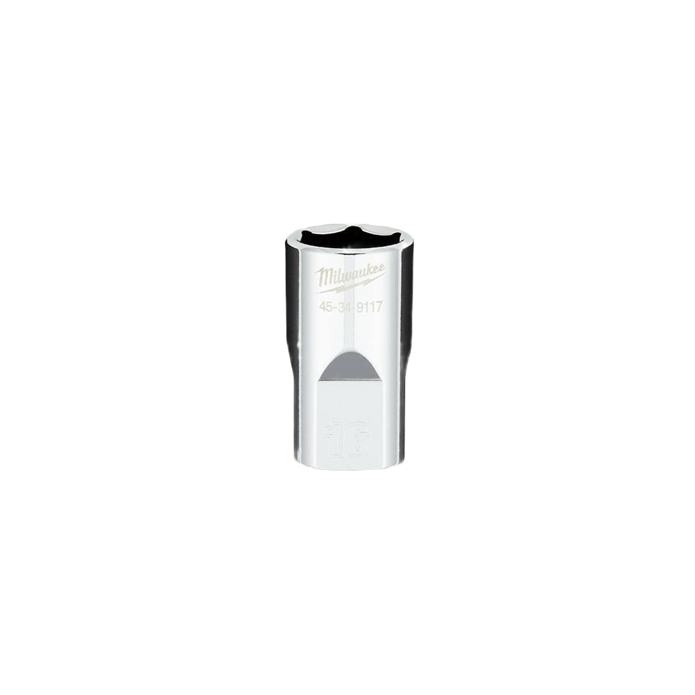 Chrome-finished 16mm standard socket with FOUR FLAT™ sides designed for durable tools and home improvement use