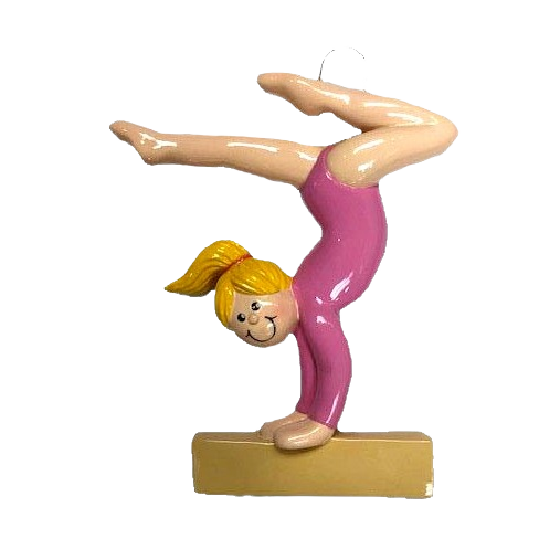 Blonde girl gymnast figurine in pink leotard balancing on beam for Christmas Ornaments & Tree Decorations collection