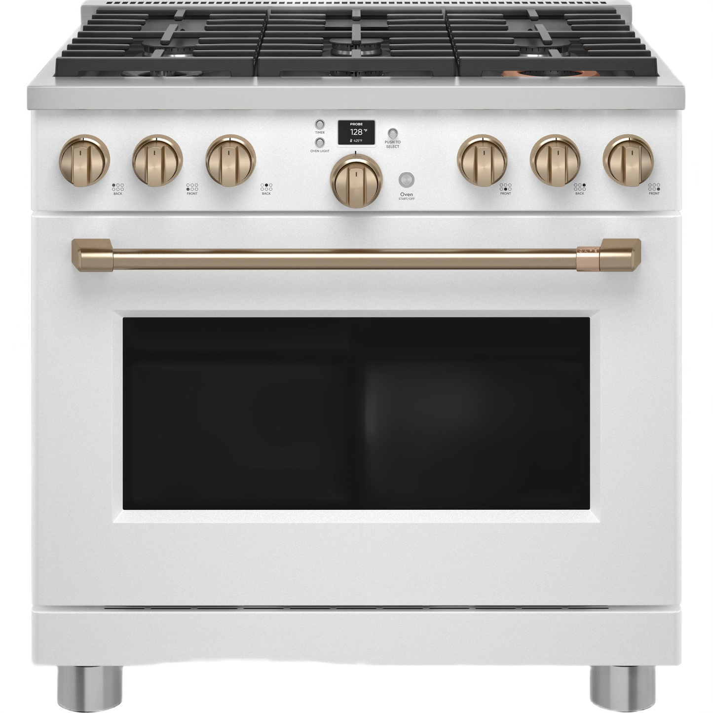 white dual-fuel range with six burners, digital control, and brass knobs for kitchen and gas range appliances