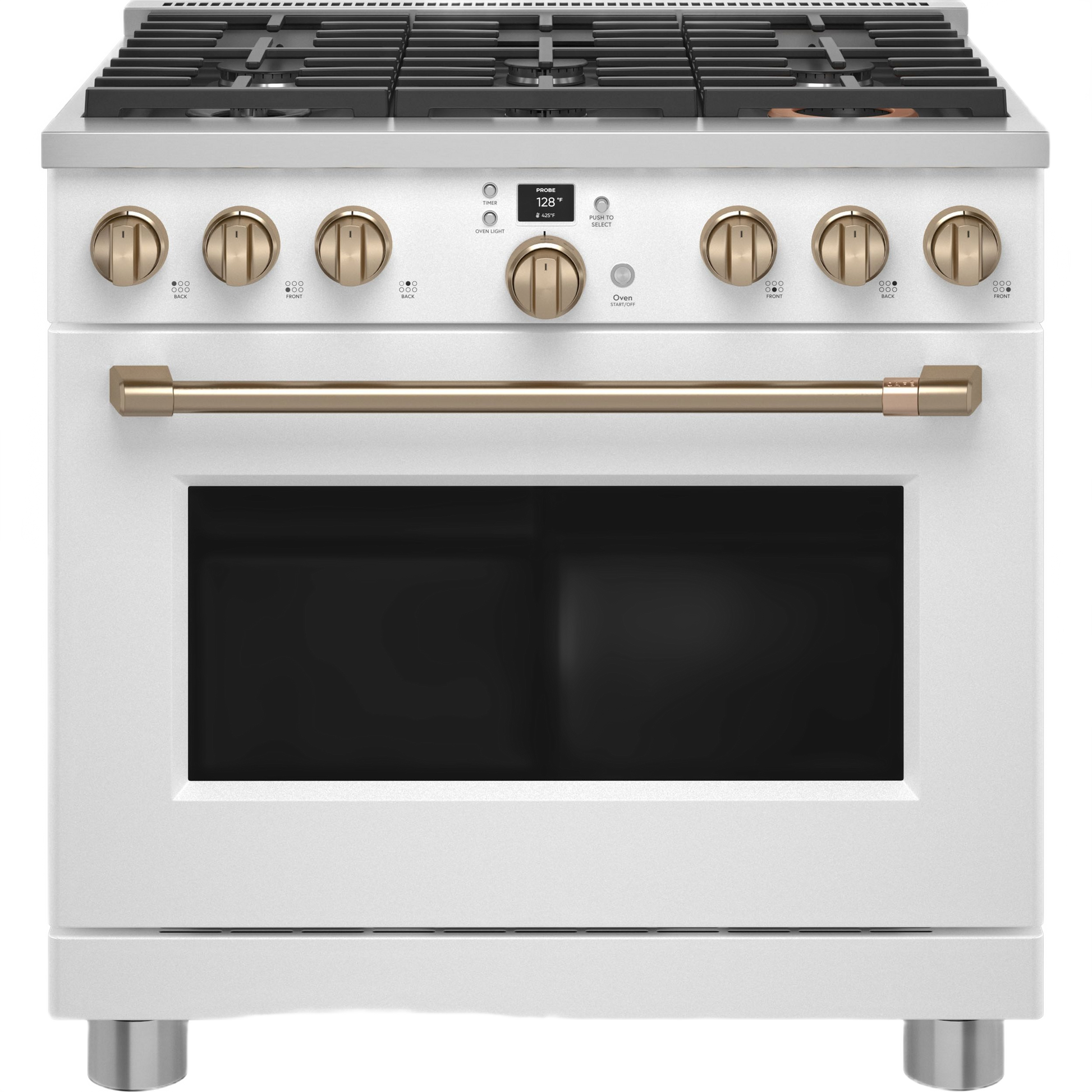 white dual-fuel range with six burners, digital control, and brass knobs for kitchen and gas range appliances