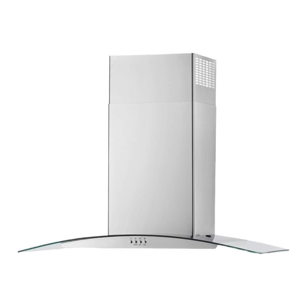 36-inch stainless steel wall mount range hood with curved glass canopy and 3-speed exhaust fan from kitchen appliances collections