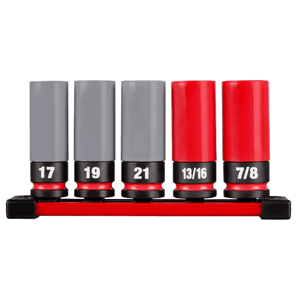 Set of five SAE and metric impact lug nut sockets with red and gray protective sleeves for hand tool collections