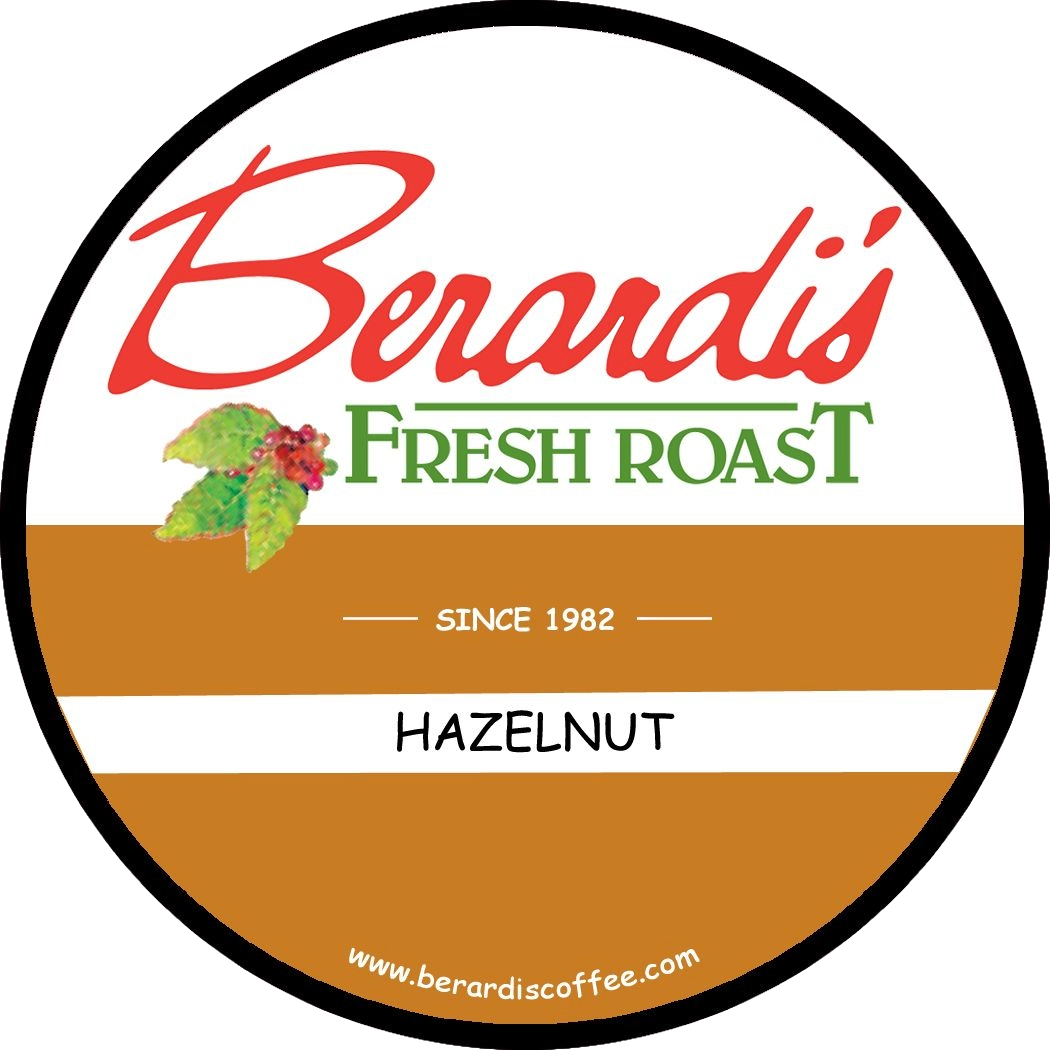 Round Berardi's Fresh Roast Hazelnut coffee pod label with logo and vintage design for Drinks collection