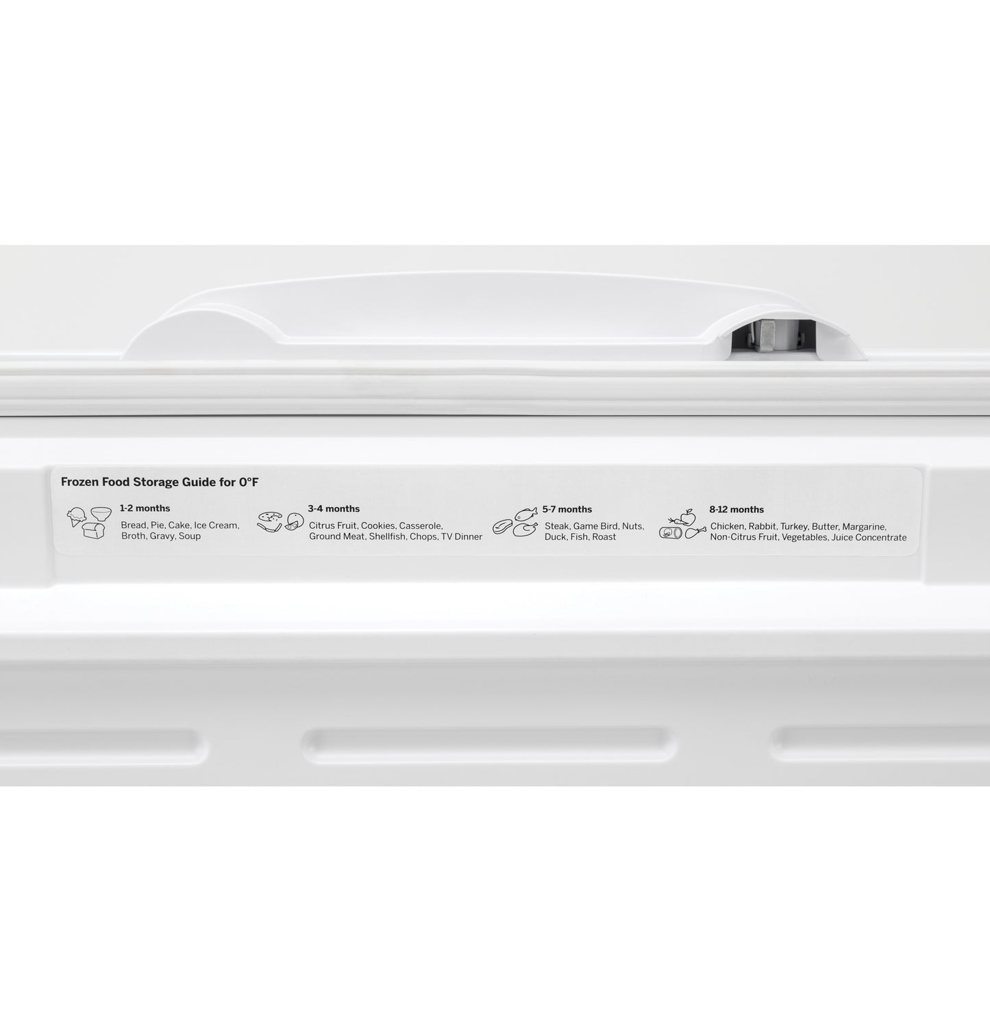 Freezer lid handle with frozen food storage duration guide label for chest freezers in kitchen appliance collections