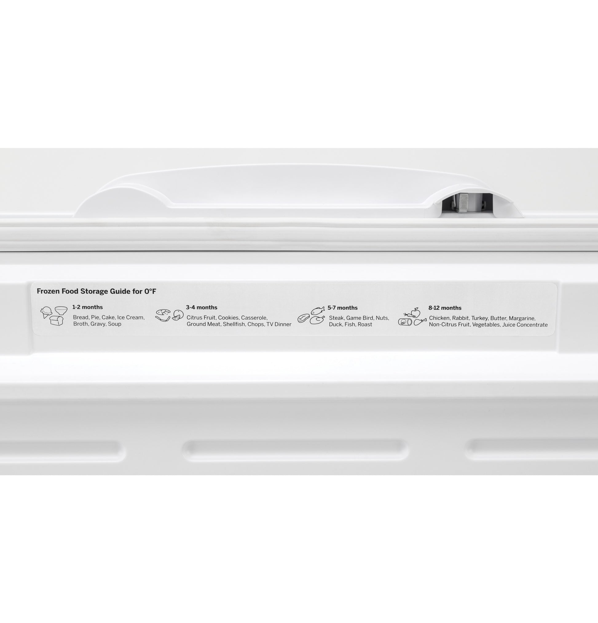 Freezer lid handle with frozen food storage duration guide label for chest freezers in kitchen appliance collections