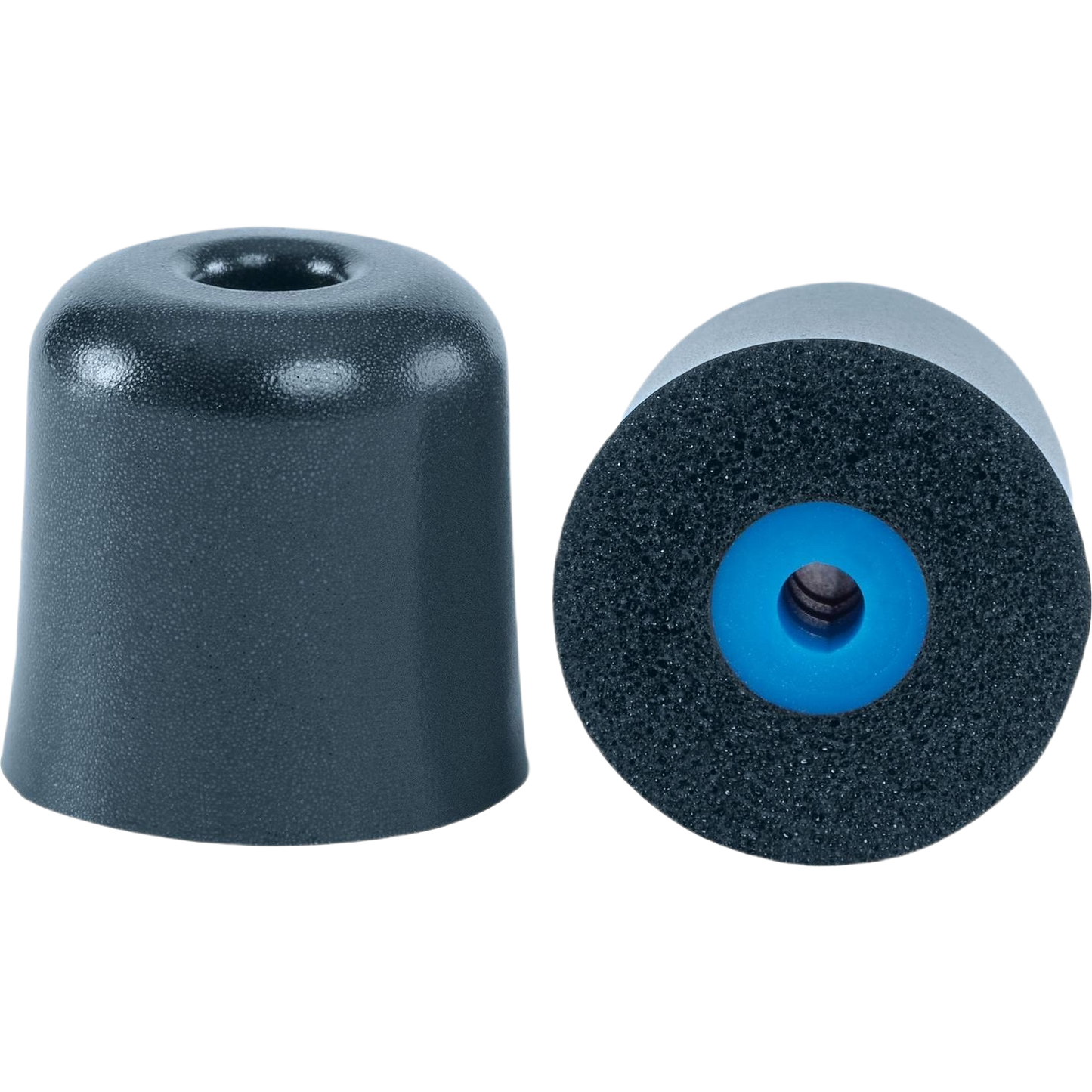 Pair of black foam hearing protection ear plugs with blue inner cores for tools and home improvement use