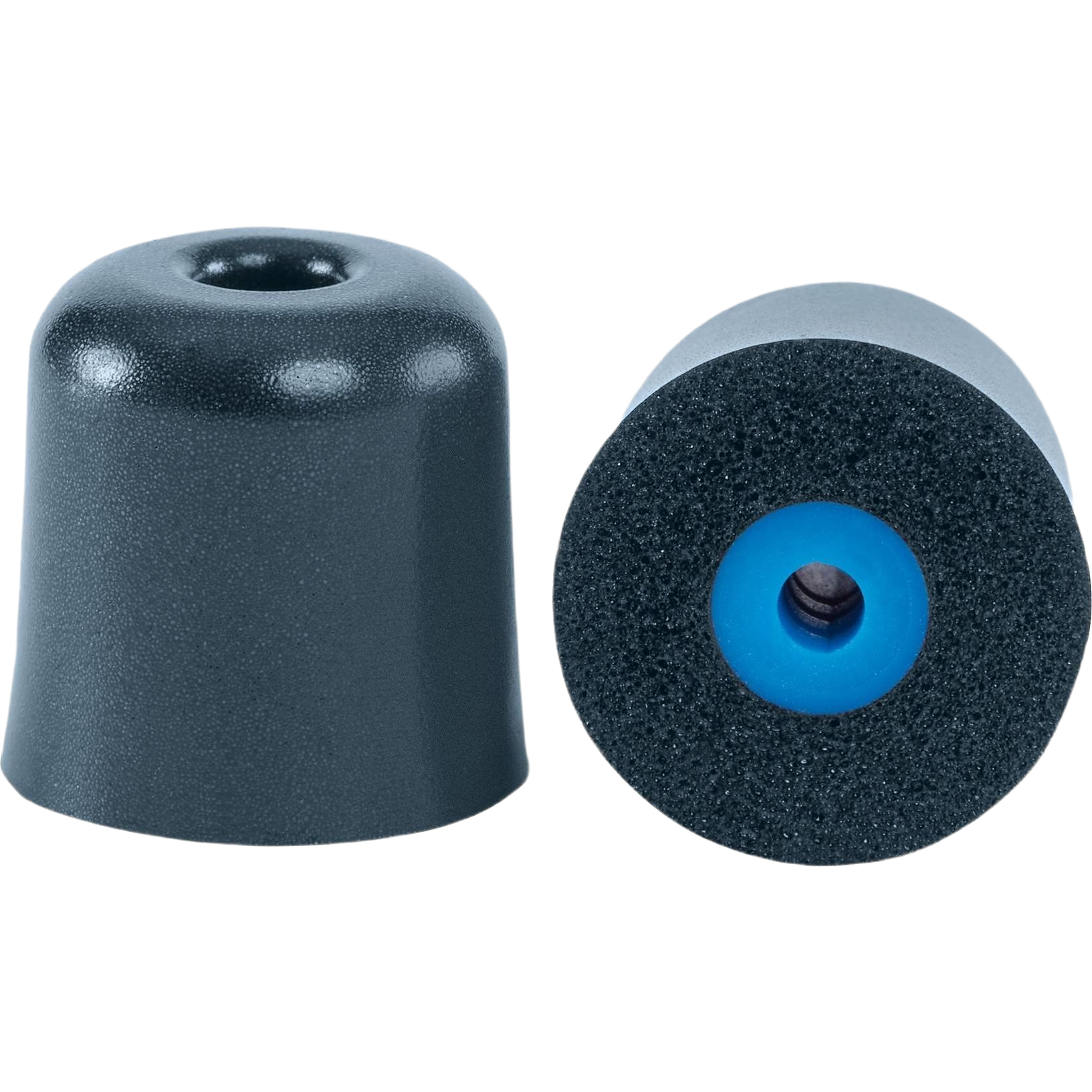 Pair of black foam hearing protection ear plugs with blue inner cores for tools and home improvement use