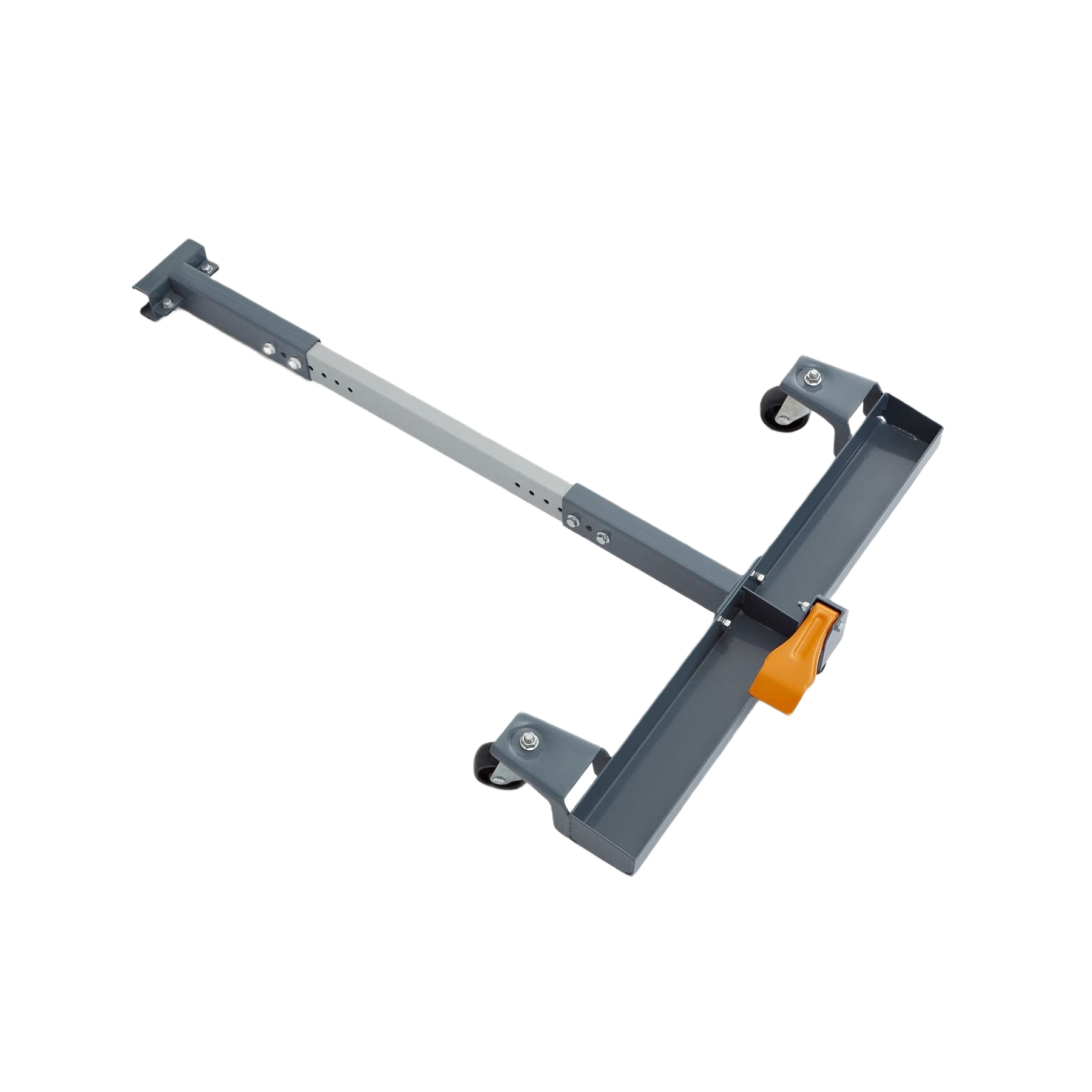 Gray adjustable metal support extension with an orange locking lever for tool mobility and workspace organization