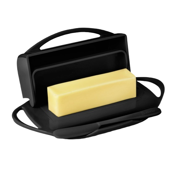 Black flip-top butter dish with matching spreader for kitchen storage and countertop accessories collections