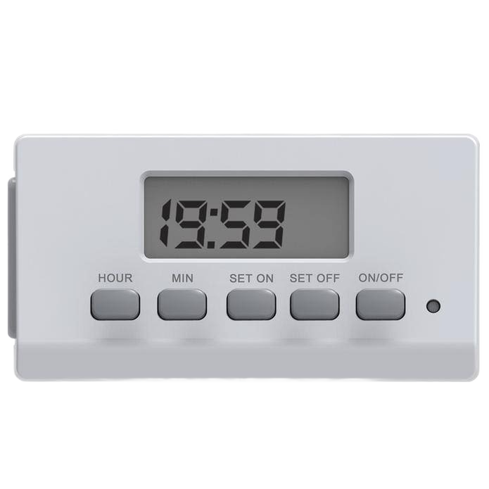 White digital timer with LCD display and control buttons for setting on/off functions in electrical and home improvement collections