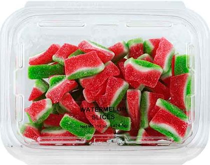 Clear plastic container filled with red and green watermelon slice gummies from candy and food collections