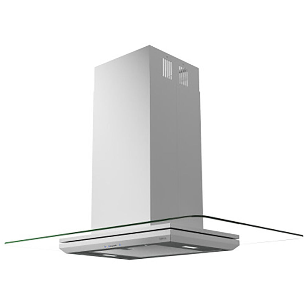Modern island range hood with straight glass canopy and LED lighting from Island Range Hoods collection