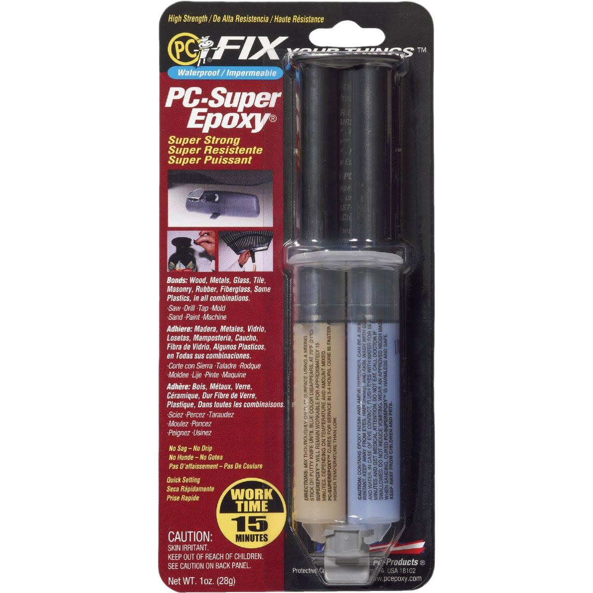 Dual-barrel syringe of black and beige epoxy paste for waterproof repairs on wood, metal, glass, and more in home improvement tasks