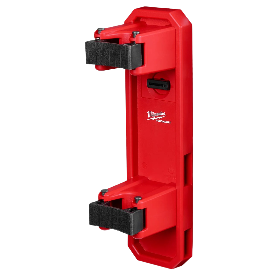 Red durable long handle tool holder with adjustable straps for wall-mounted garage or workshop storage organization system