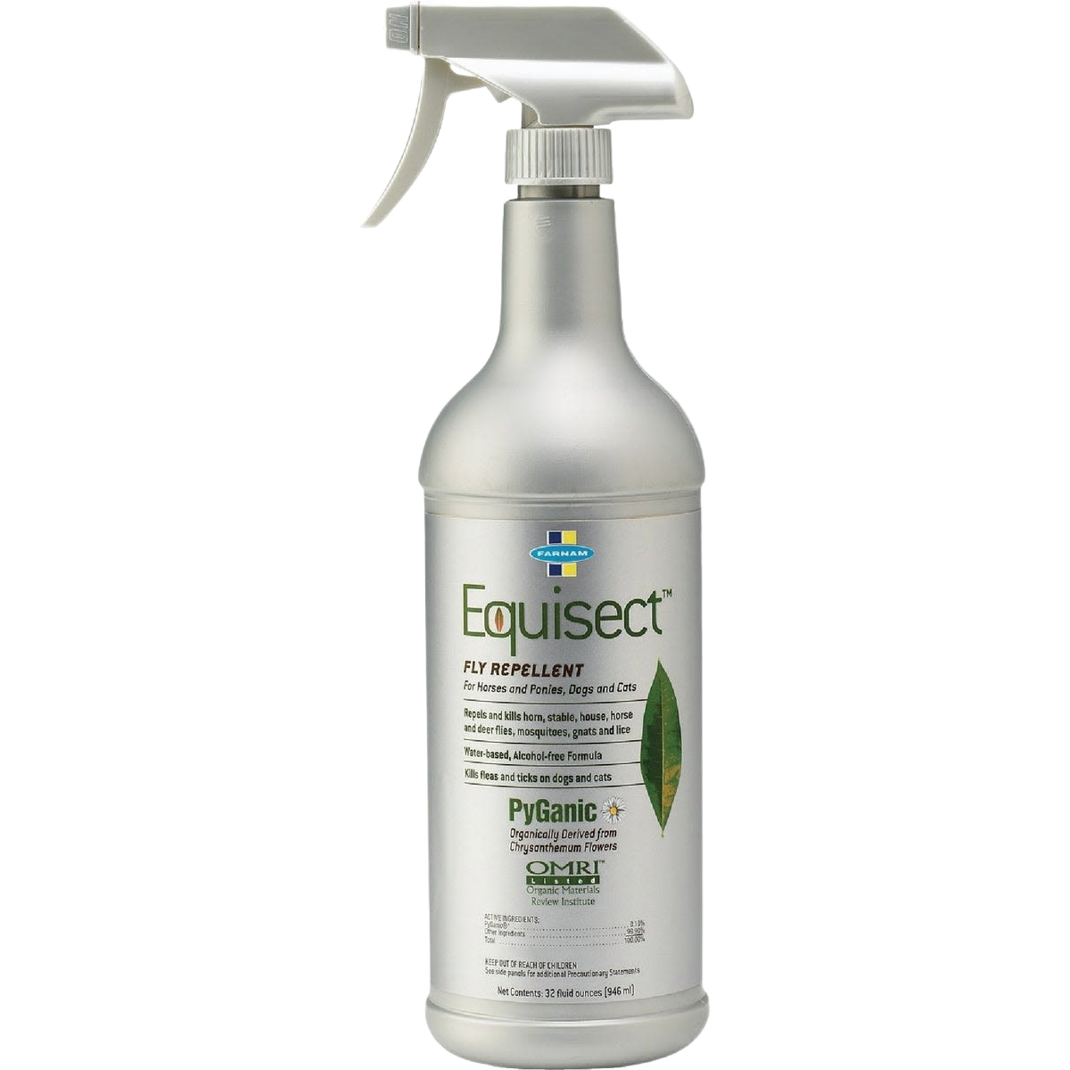 Silver spray bottle of Equisect fly repellent with white trigger nozzle designed for animal fly control