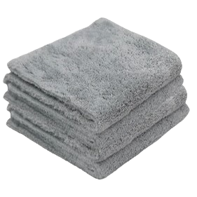 Stack of four gray ultra-plush microfiber towels for home cleaning and improvement tasks
