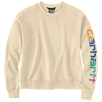 Women's oat milk-colored sweatshirt with vibrant graphic text on sleeve in hoodies and sweatshirts clothing under 100 dollars