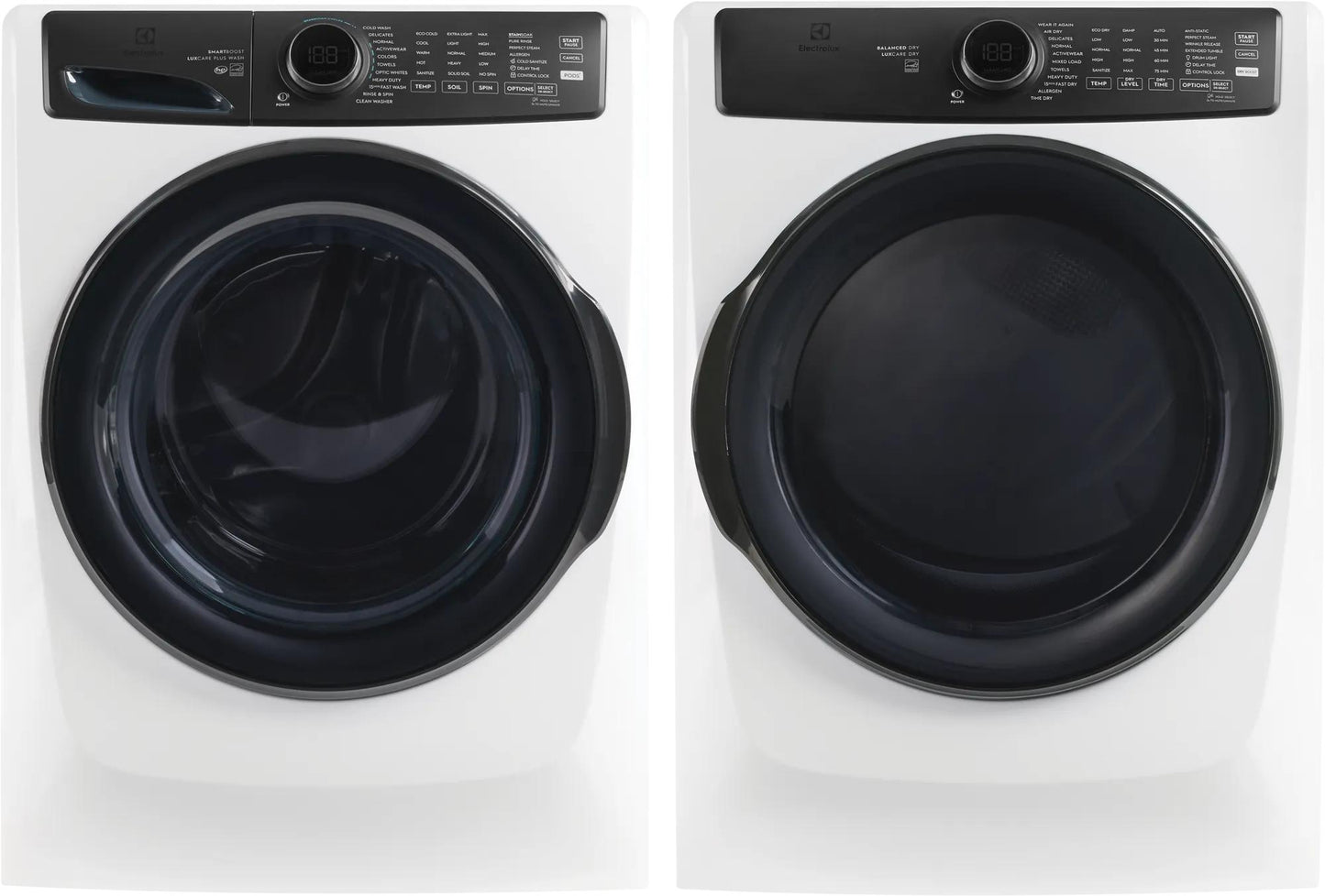 Pair of white front load washers with black circular doors and digital control panels in washers and appliances collections