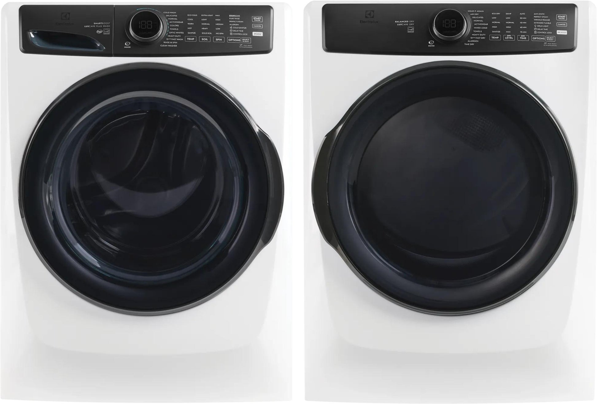 Pair of white front load washers with black circular doors and digital control panels in washers and appliances collections