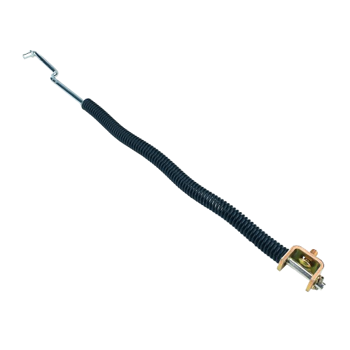 Long black coiled spring tensioner with metal mounting bracket and hooked end for tools and home improvement projects