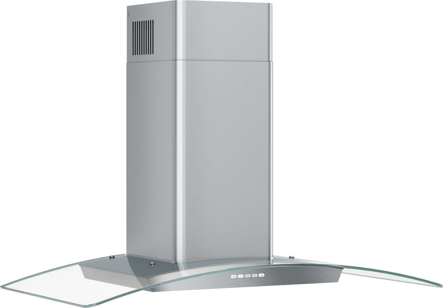 Curved glass chimney wall range hood with stainless steel chimney and digital controls from Appliances collection