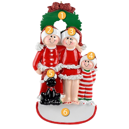 Personalized family of three in festive red outfits with a black dog under a holiday wreath for Christmas decor collection