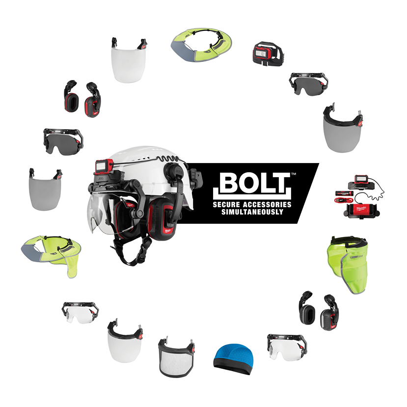 White safety helmet with attached red and black headlamp and clear protective face shield for tools and home improvement tasks
