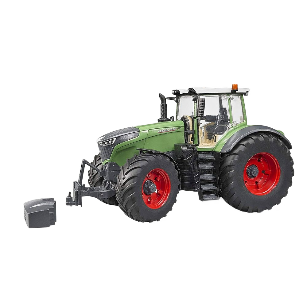 Green and red detailed 1:16 scale tractor model with large tires and front attachment for toy collections or display