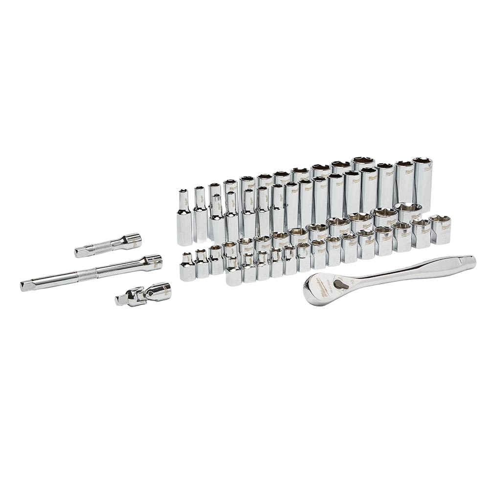 Chrome ratchet with a variety of SAE and metric sockets and extensions for woodworking and home improvement tools