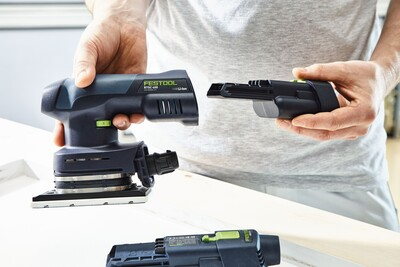 Cordless orbital sander with ergonomic design and removable battery for home improvement and tools use