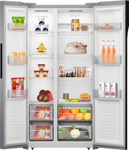 Apartment-sized black side-by-side refrigerator with stainless steel doors fully stocked in kitchen appliances collection