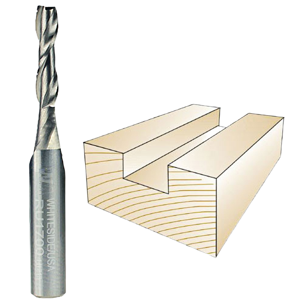 Spiral upcut router bit beside wooden block showing deep chip removal groove for woodworking tools and home improvement
