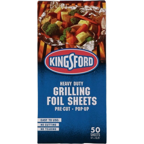 Kingsford heavy duty grilling foil sheets package with pre-cut, pop-up foil for grilling and outdoor cooking tasks