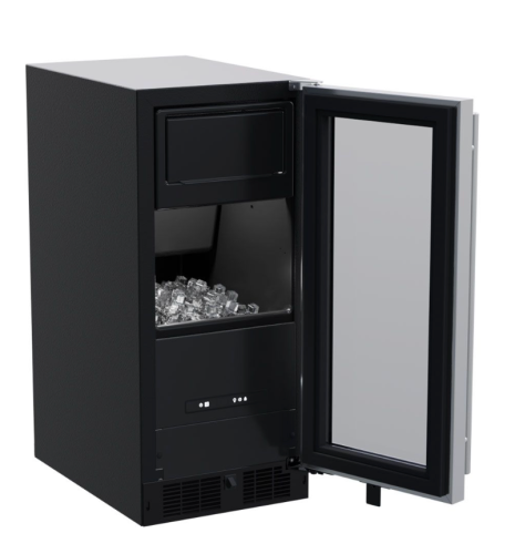15-inch built-in clear ice machine in black with glass door and digital controls for kitchen appliances collections