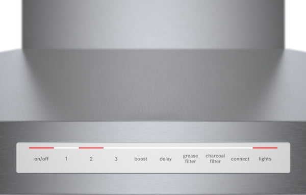 Stainless steel wall-mounted range hood control panel with touch buttons for fan speed, filters, and lighting functions