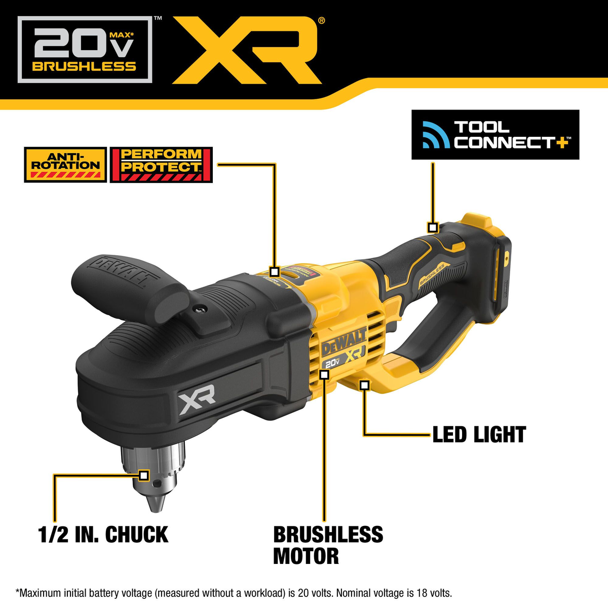 DEWALT 20V MAX* XR® Brushless Cordless 1/2" Compact Stud & Joist Drill (Tool Only)