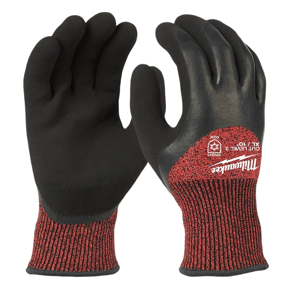 Pair of black and red cut-resistant gloves with winter dipping for enhanced grip in cold weather tasks