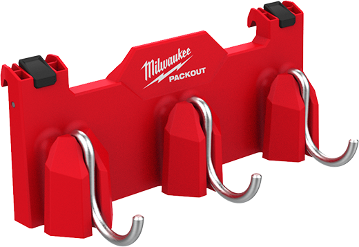Red Milwaukee PACKOUT™ rack with three metal hooks for tool and accessory storage in workshop or garage settings