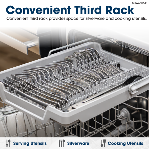 Slide-out third rack in dishwasher holding organized silverware and cooking utensils from kitchenware and appliances collections