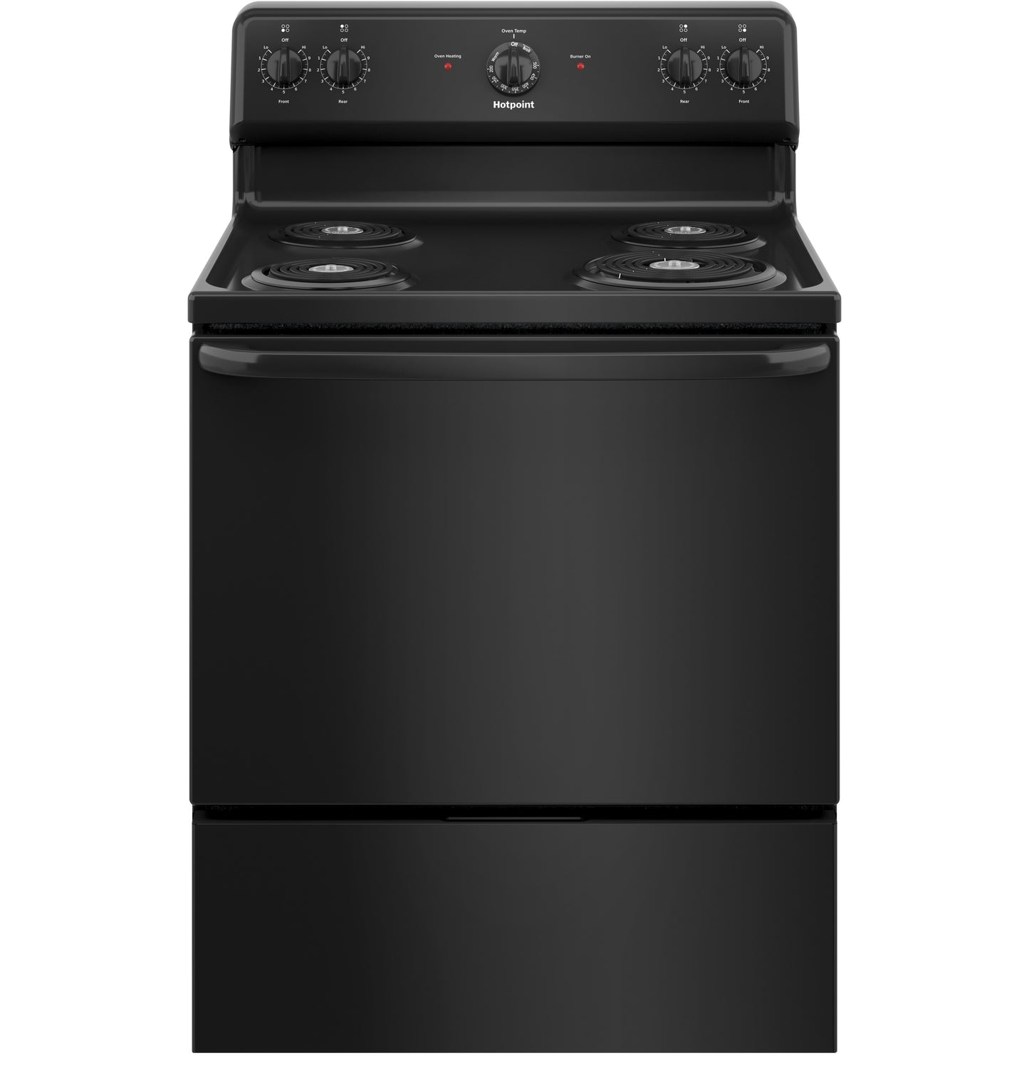 Black free-standing electric range with coil burners and front control knobs in Ranges and Appliances collections