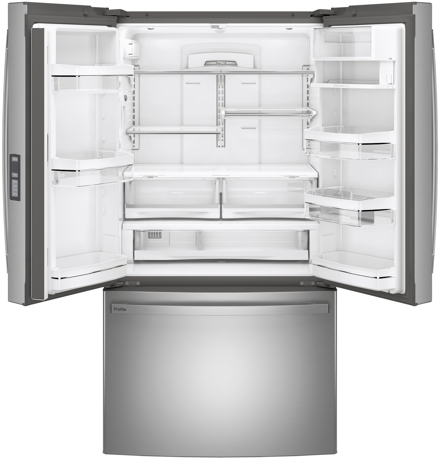 Open stainless steel French-door refrigerator with spacious interior shelves and bottom freezer drawer from Appliances collection