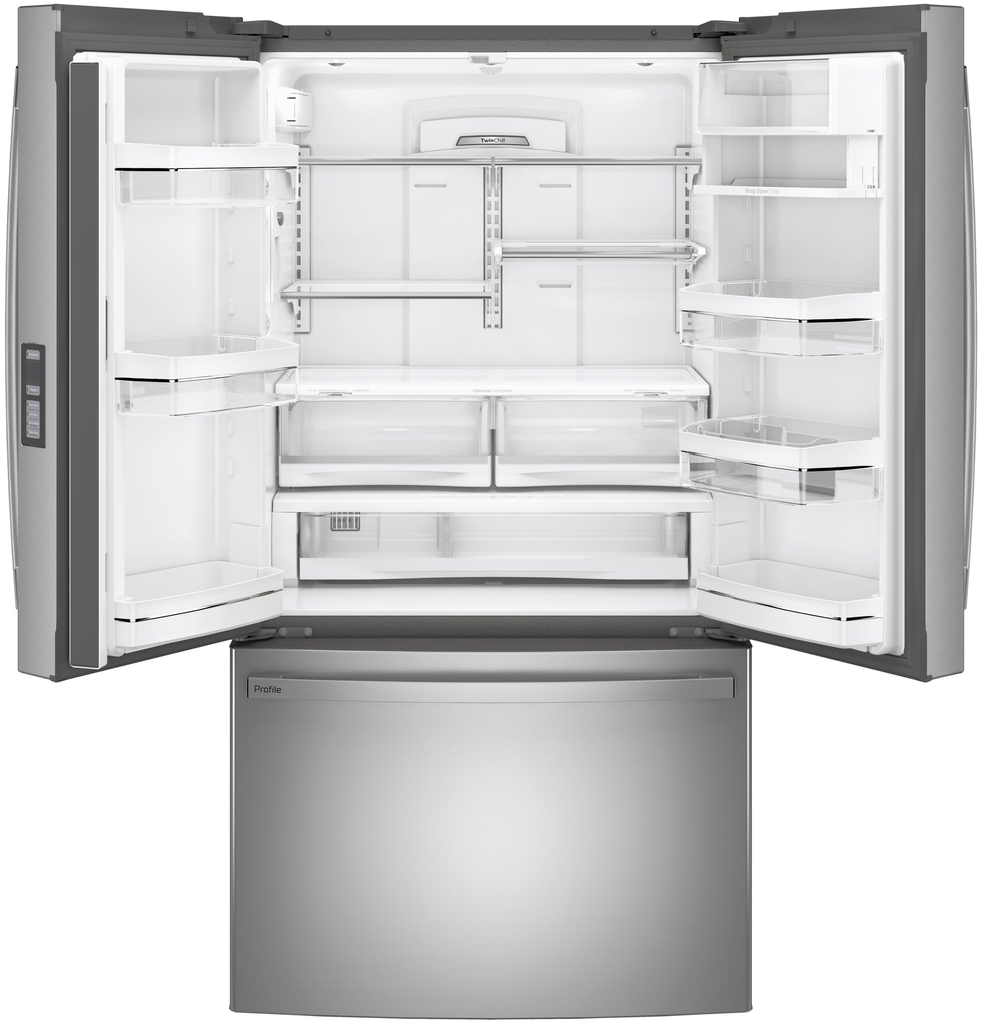 Open stainless steel French-door refrigerator with spacious interior shelves and bottom freezer drawer from Appliances collection