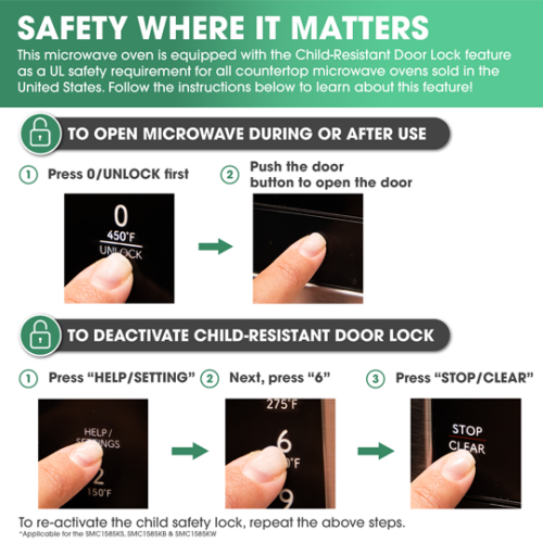 Instructional graphic showing steps to unlock and deactivate child-resistant door lock on microwave control panel in appliances collection