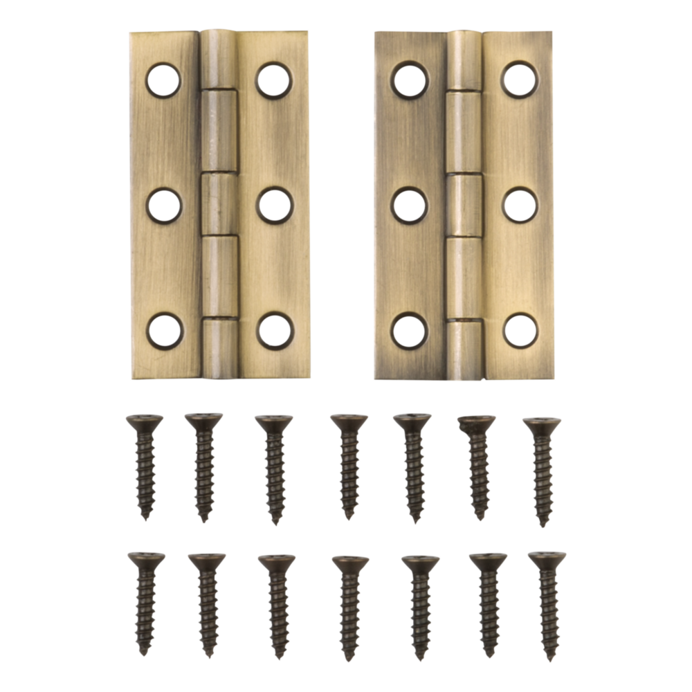 Set of two narrow antique brass decorative hinges with matching screws for small home improvement and craft projects