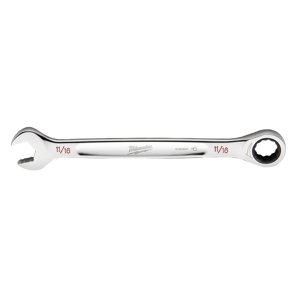 Polished ratcheting combination wrench with etched size markings for tools and home improvement use