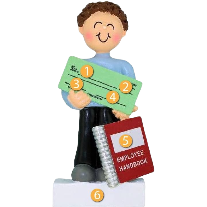 Smiling brunette male figure holding green paycheck and red employee handbook on white base in Christmas Ornaments collection