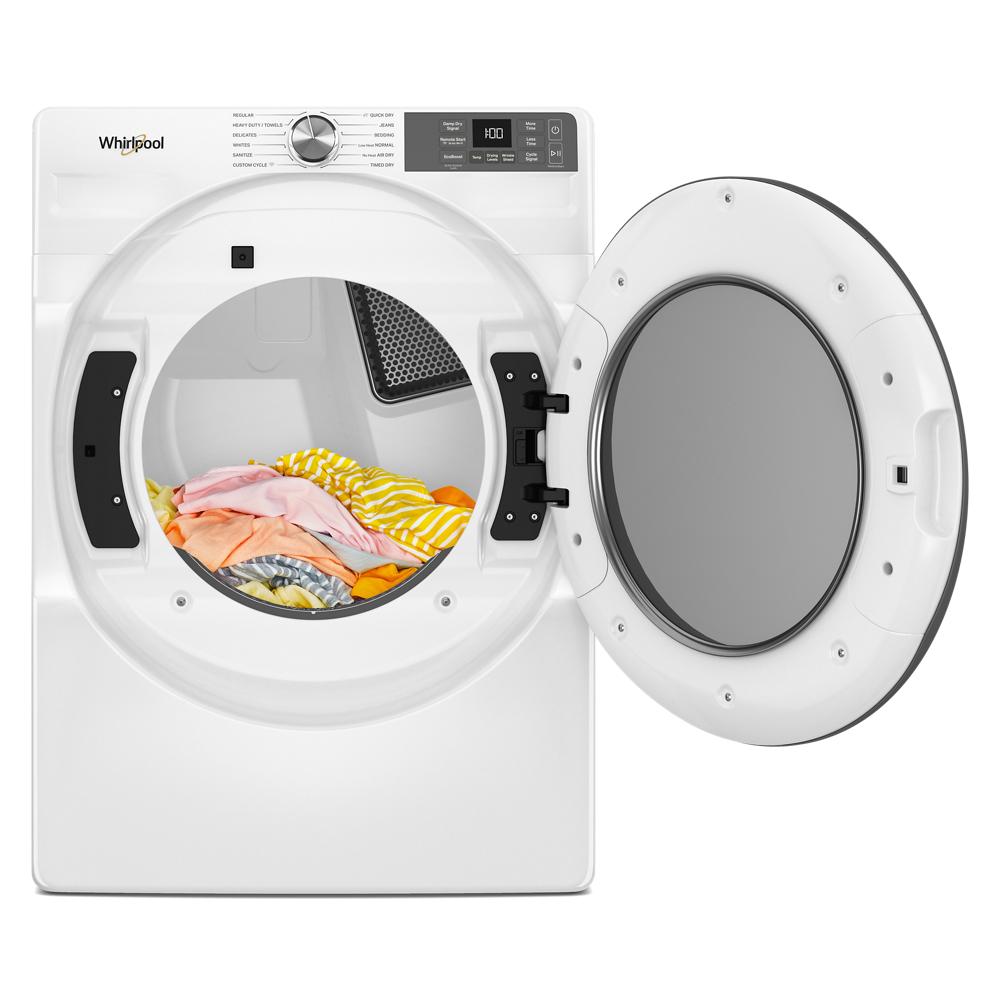 White smart front load electric dryer with open door showing colorful laundry inside from dryers collection