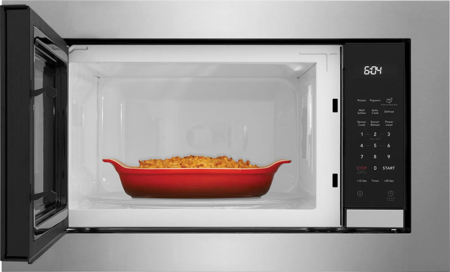 Built-in microwave with sensor cook and reheat options, showing casserole dish inside for kitchen appliances